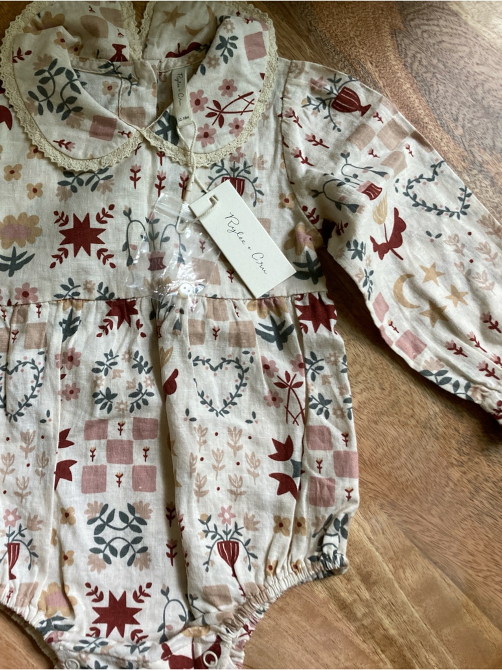 Rylee + Cru Cream Longsleeve Floral & Star Print Onesie with Lace Collar